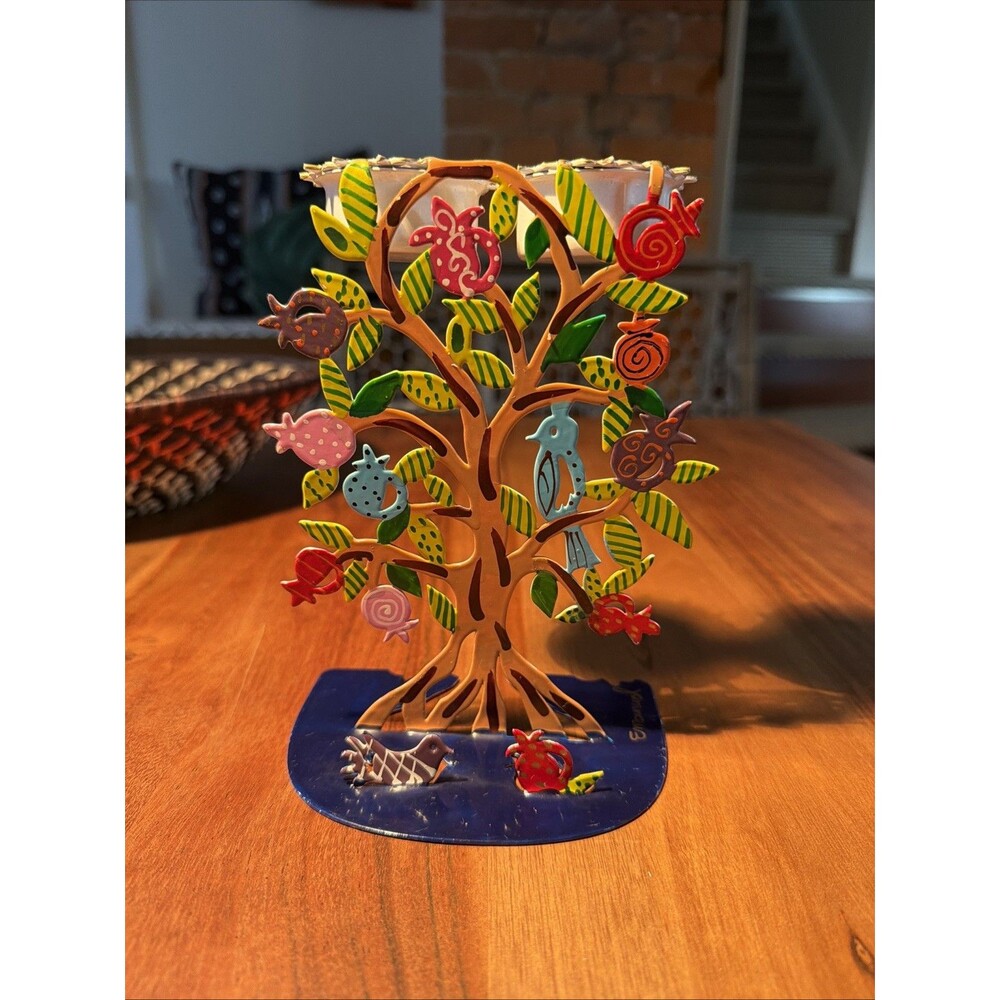 Yair Emanuel Painted Tree of Life Shabbat Candle Holder Signed "Emanuel" 7”